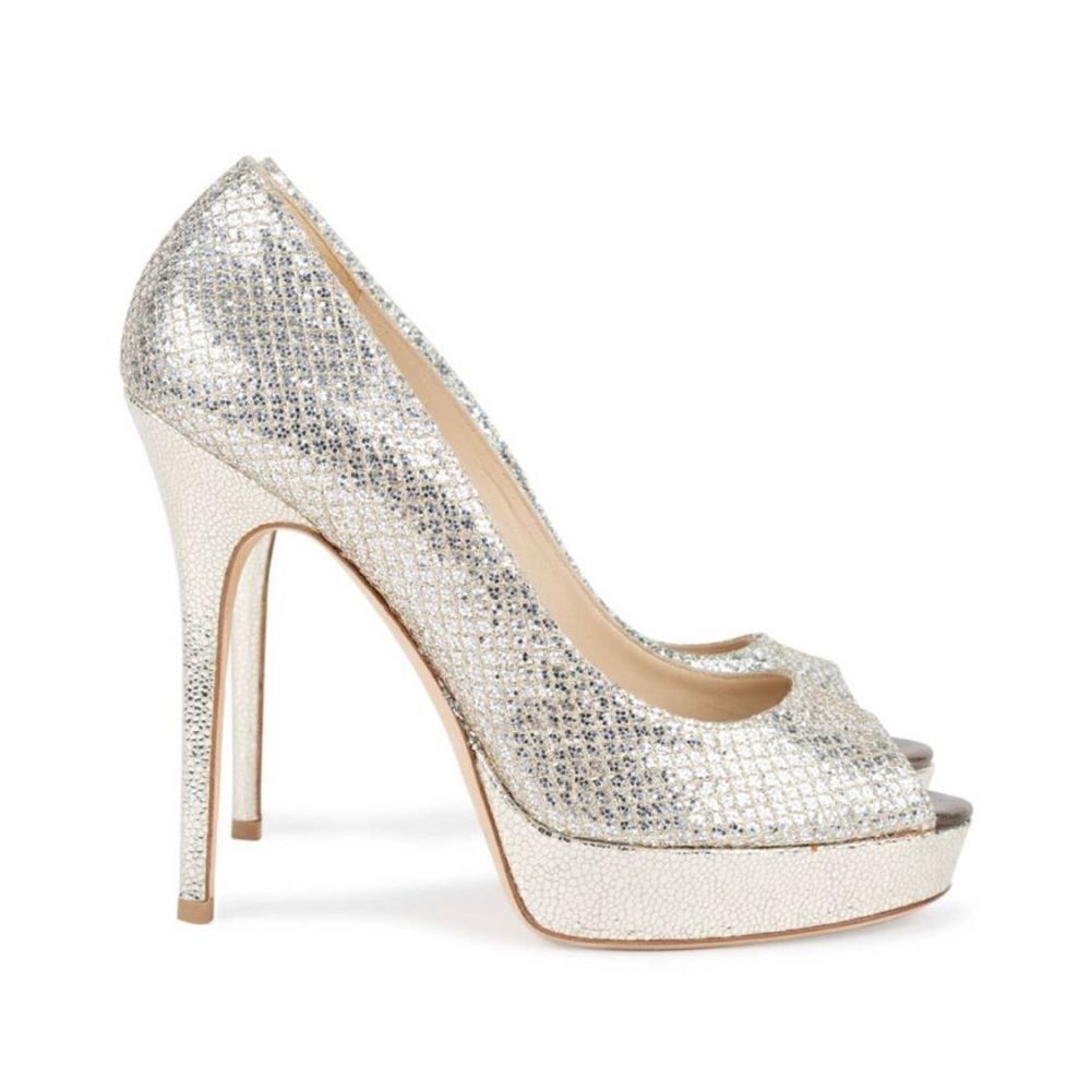 Jimmy Choo Gold Champagne Glitter Luna Peep Toe Platform Pumps Women’s Size 38.5